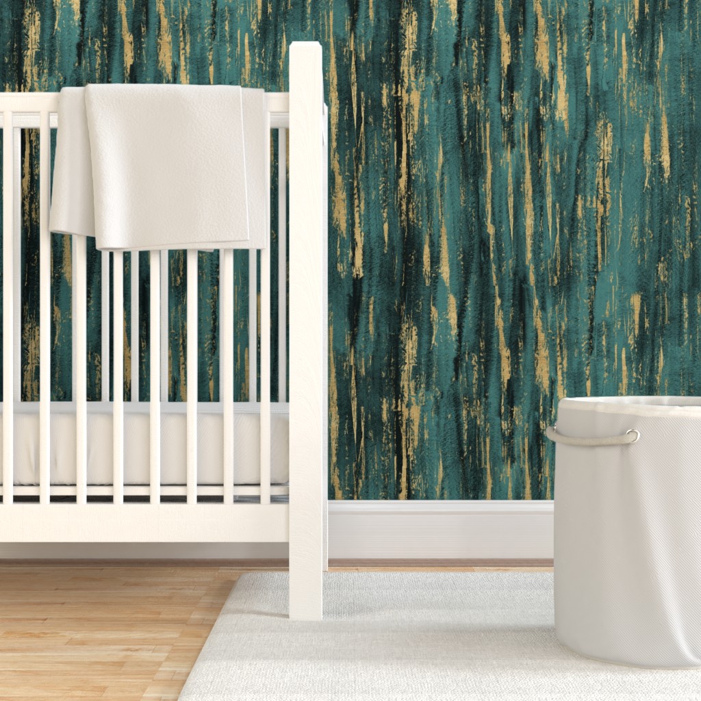 Removable Water-Activated Wallpaper Painted Texture Teal and Gold Modern 