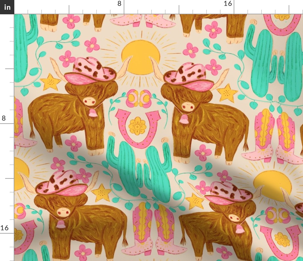 Cute Highland Cows Retro Neon Teal Fabric Spoonflower