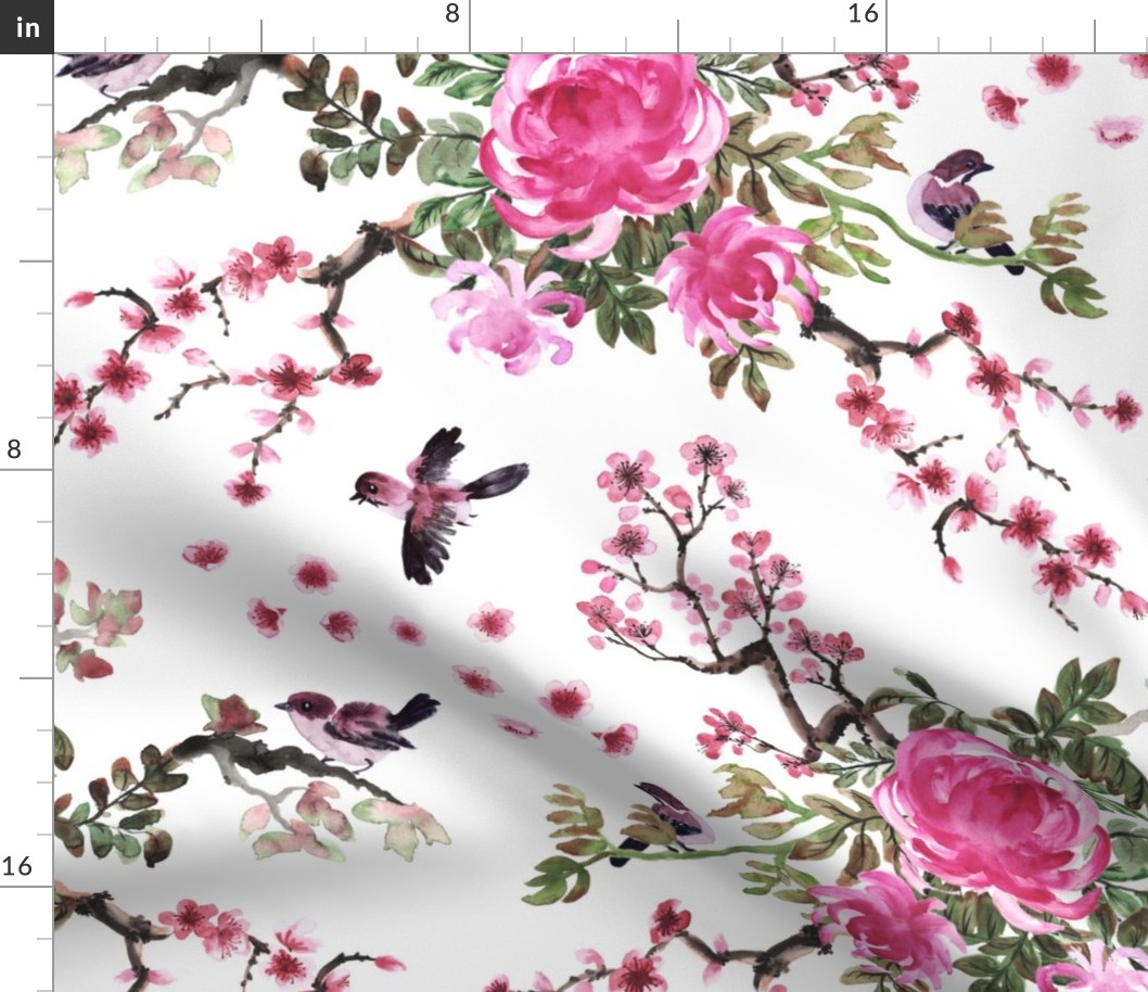 Sparrows And Chrysanthemum Fabric Spoonflower