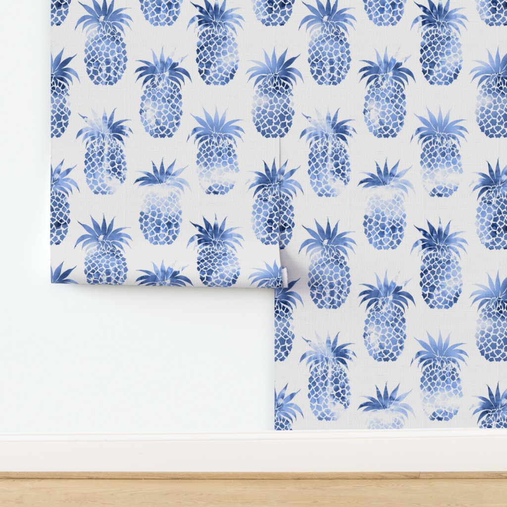 Pineapples Blue Watercolor Wallpaper Spoonflower