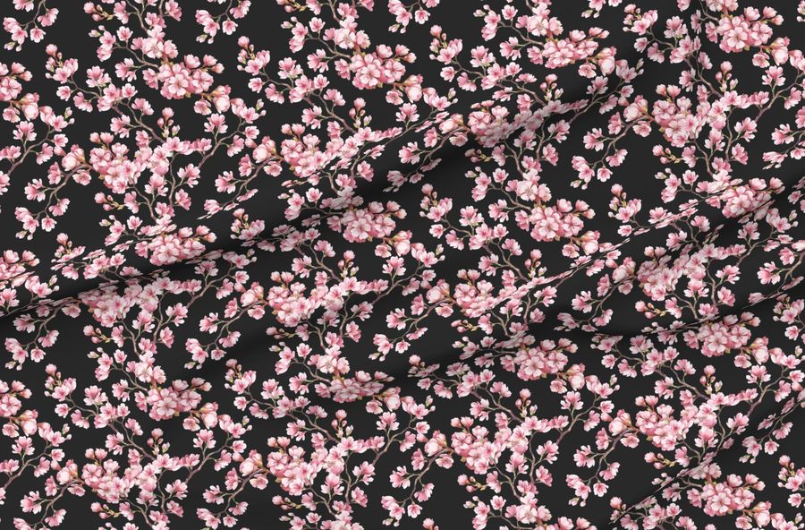 Pink Cherry Blossoms On Black