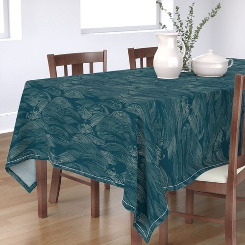Spoonflower Cotton Sateen Tablecloth, 70" Square - Water Blue Silver Chinese Japanese Waves Sea Custom Table Linens by Spoonflower