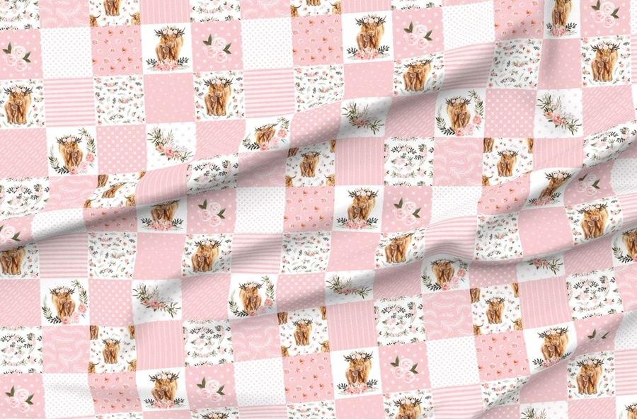 4.5" Pink Spring Floral Highland Cow Cheater Quilt