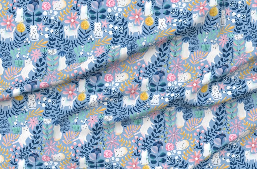 Big. Spring White Cats. Summer Kitties Pattern. Flowers And Leaves