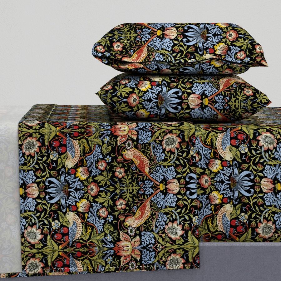 Spoonflower William Morris Strawberry Thief Bright Blue On Black Medium Queen Sheet Set