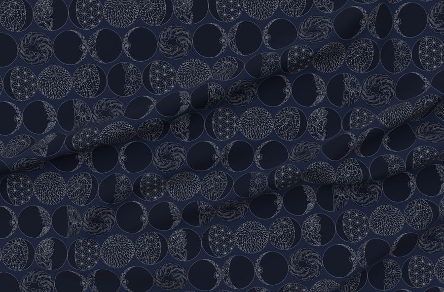 Moons Phases Sashiko Outline With A Black Moon Face Over Navy