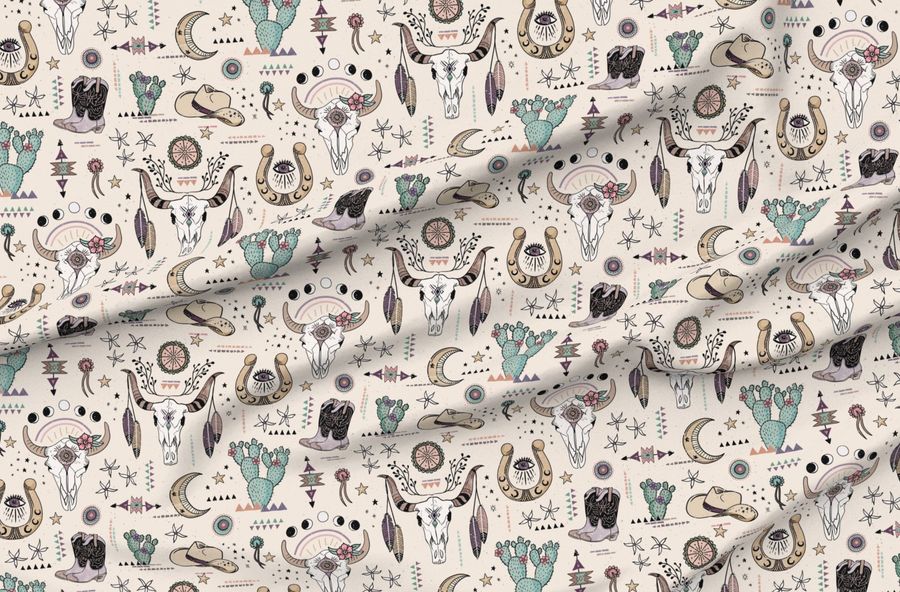 Boho Tribal Cowgirl Ephemera Western Cowboy Boots Cow Skulls Cream