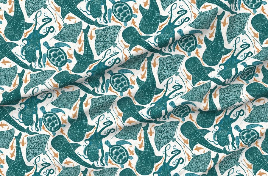 Whale Shark Eagle Ray Sea Turtle Octopus Fish Aqua And Golden Orange