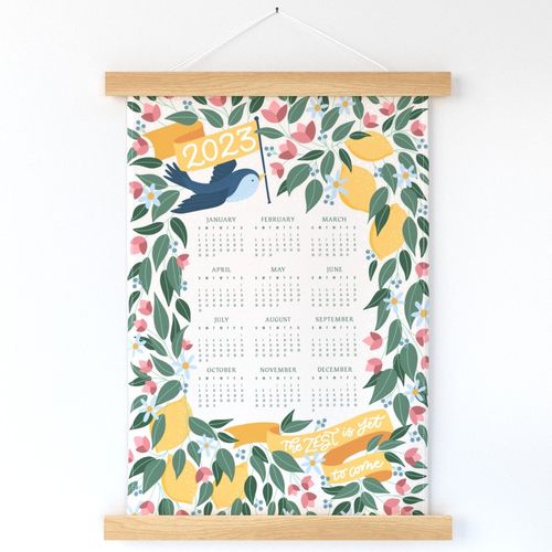 2023 Calendar with Lemon Tree, Blue Bird, And Pink Flowers