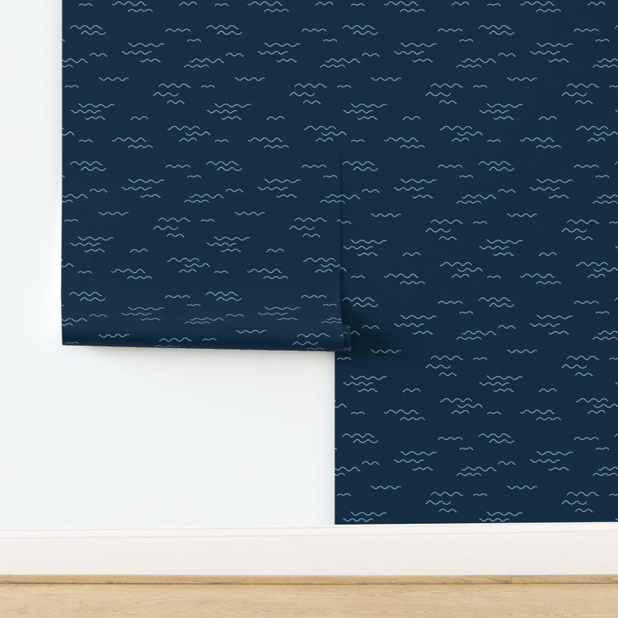 Minimalist Boho Style Ocean Waves Surf Waters Nursery Texture Baby Blue On Navy by Littlesmilemakers