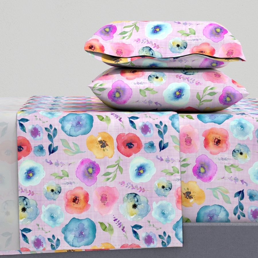 Spoonflower Brigt Spring Floral Lilac Linen Queen Sheet Set