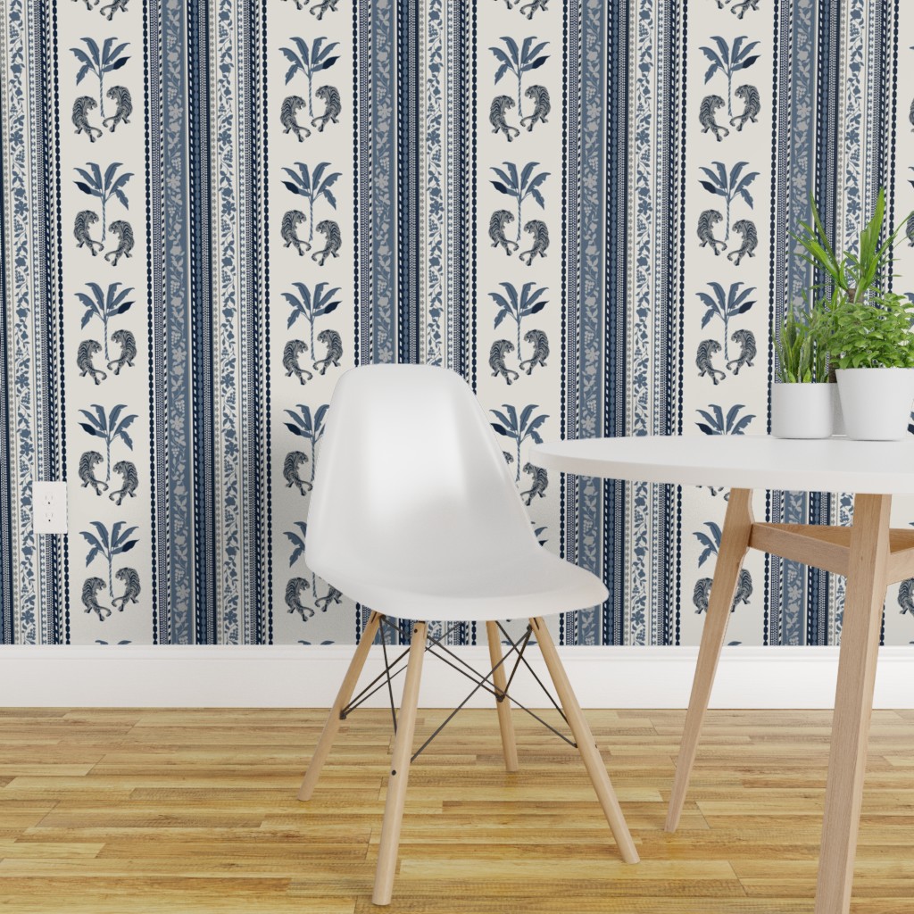 Traditional Wallpaper French Ticking Tiger Tropical Stripe Blue White | eBay