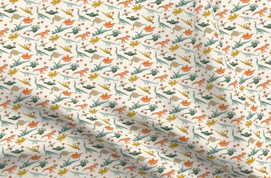 Small Dinoworld Dinosaur Fabric - Tyrannosaurus Rex Fabric, Triceratops Fabric, Dinosaurs Fabric, Boy Fabric, Baby Boy Fabric -  Cream by Andrea Lauren