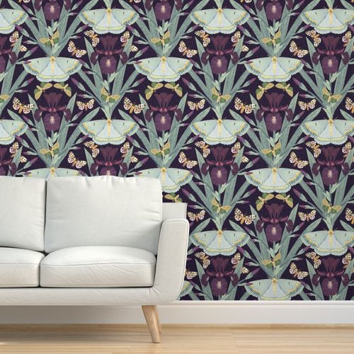 Peel and Stick Wallpaper 24 In Dutch Iris & Moths Magical Garden Dark Purple Mint / Silver Sage Gold 2' x 12' Removable