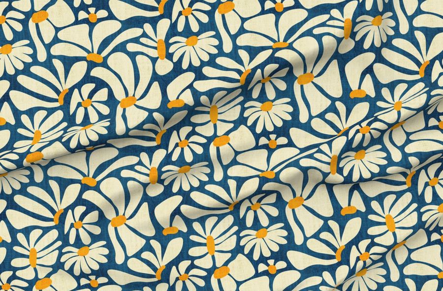 Retro Whimsy Daisy- Flower Power On Blue- Eggshell Floral- Large Scale