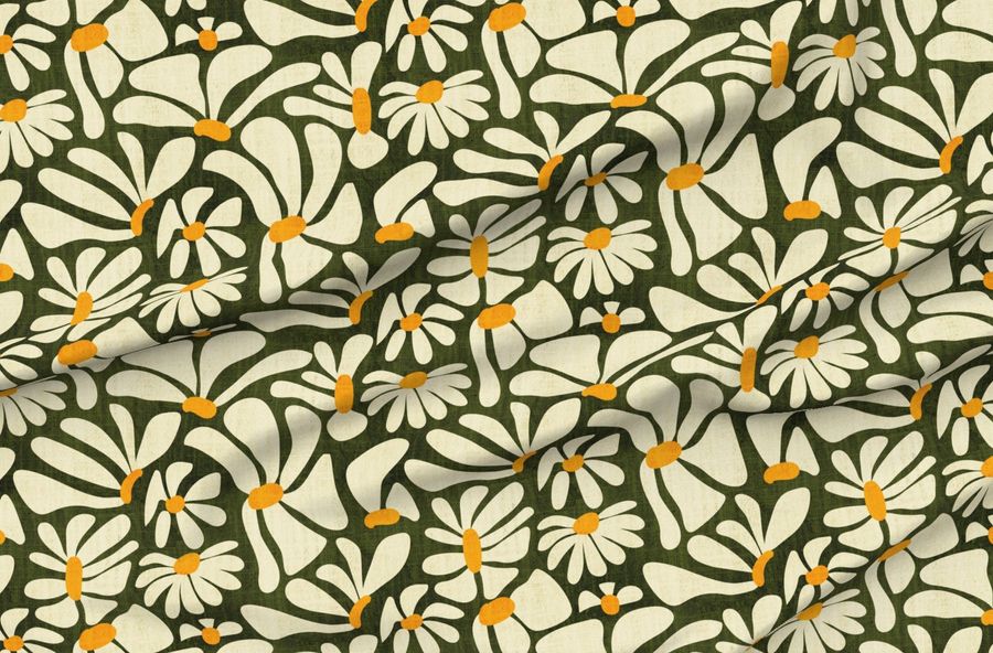 Retro Whimsy Daisy Flower Power On Olive Green Eggshell Floral Large