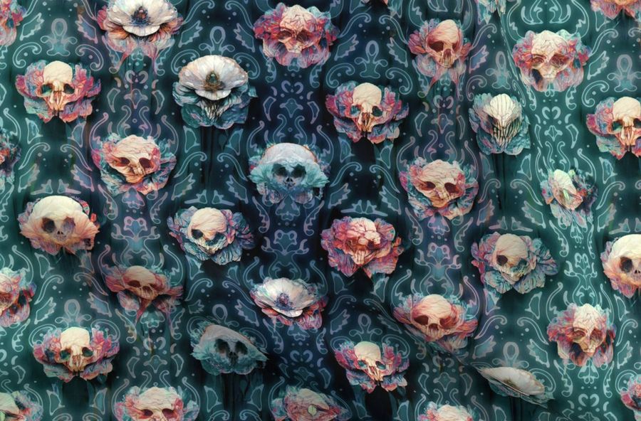 Skull Flowers Fluo Brocade by Grimilde Malatesta