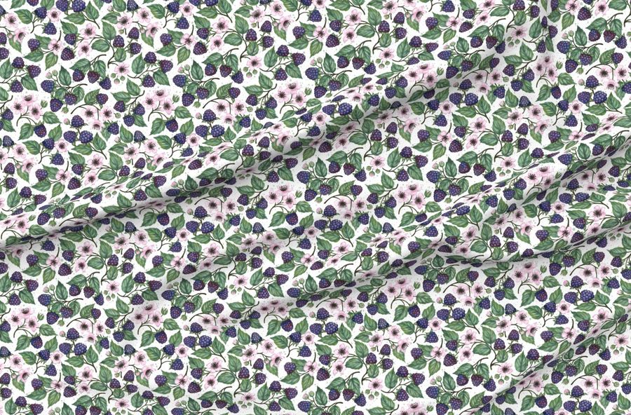 Petal Signature Cotton Quilting Fabric (M) Blackberries On Branch Blue And Pink- Textured White Background Yardage 42" x 36" Custom Printed