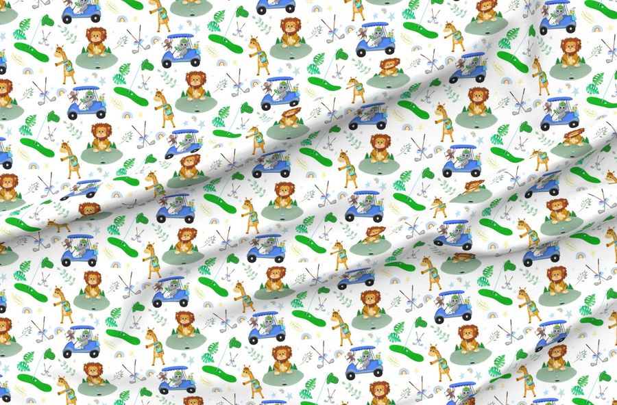 Baby Jungle Animals Blue Golfing White Background