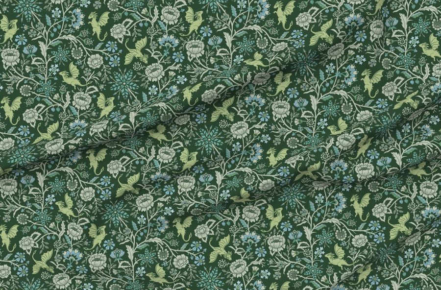 Pollinator Dragons Traditional Fantasy Floral Goth Emerald Green -Large