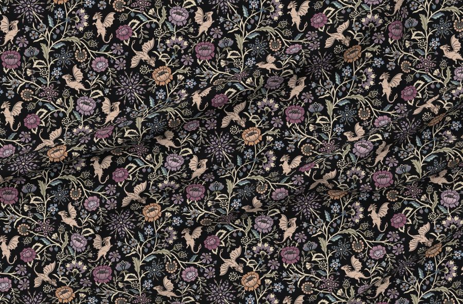 Pollinator Dragons Traditional Fantasy Floral Goth Muted Jewel Black -Large