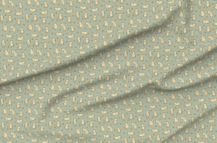 Smaller Scale Classic Pooh And Bees On Sage Green Honeycomb