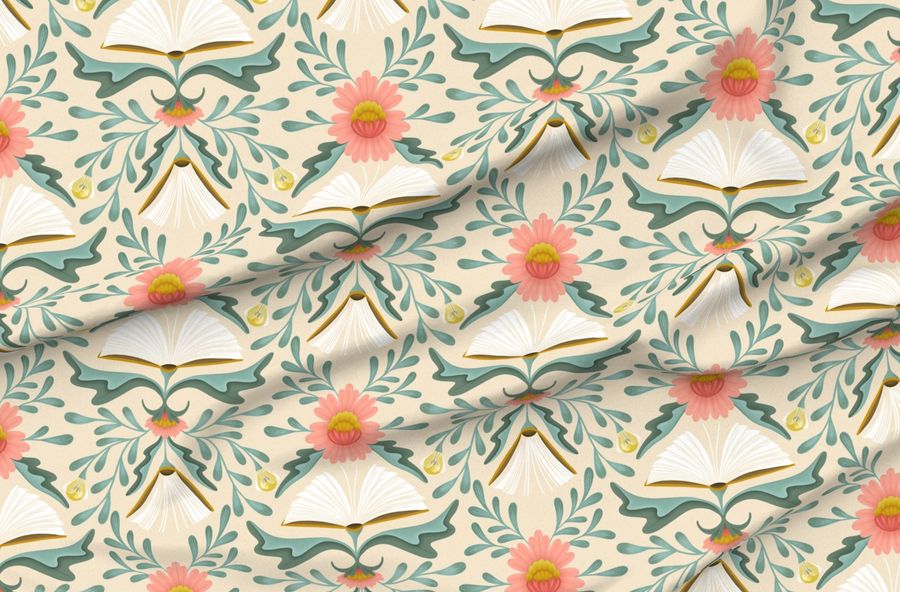(L) Books Disguised As Flowers Maximalist Folk Art Book Library Pink Teal