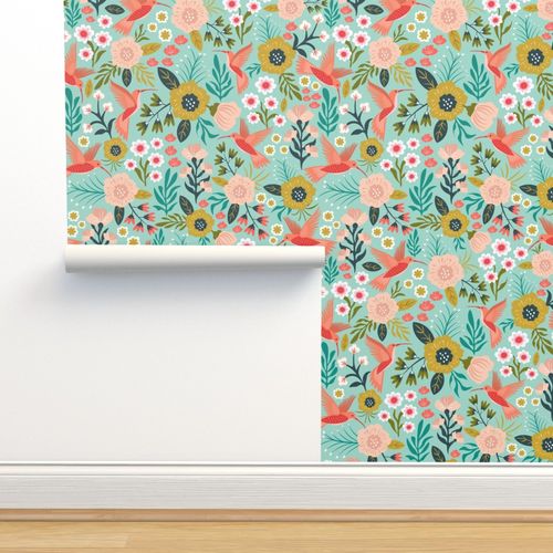 Hummingbird Floral Garden, Whimsy Wallpaper - Light Blue by Priraj Designs