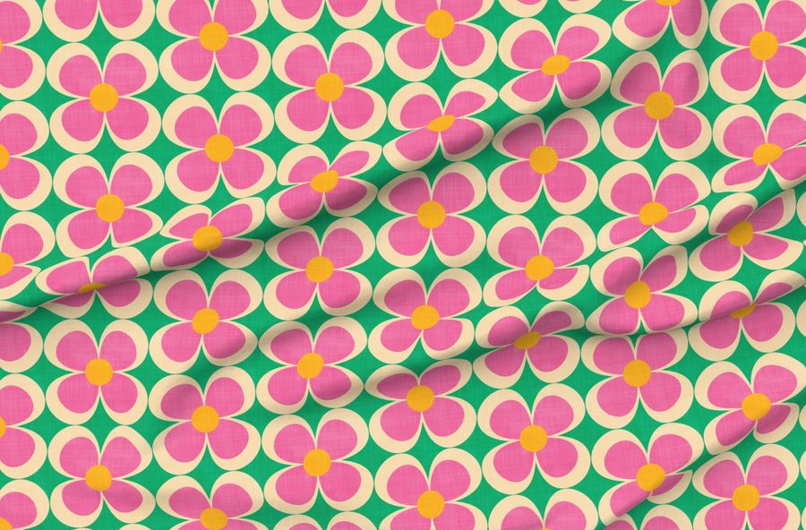 70S Retro Groovy Floral Pattern Yellow Bright Pink Green Beige Large