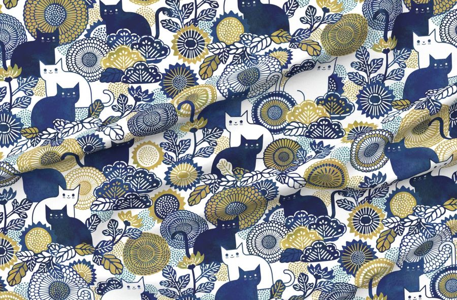Midsummer Cats Extra Large Cat And Flowers Vintage Japanese Floral Home