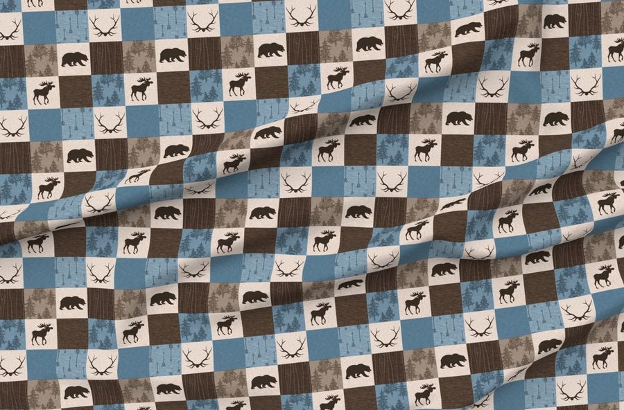 3 Blue Brown Moose And Bear Patchwork