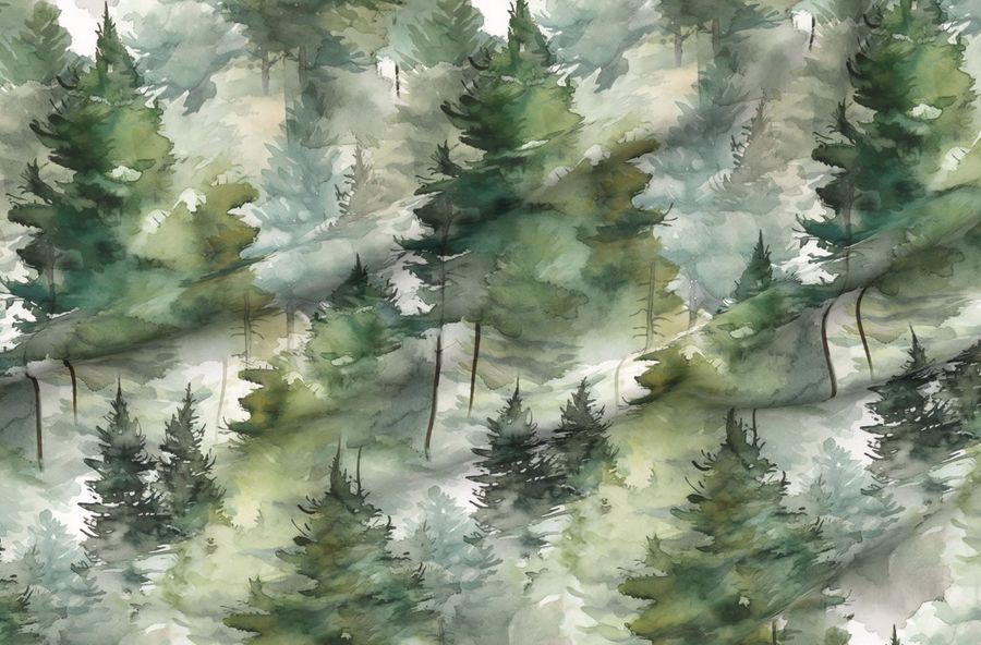 Dreamy Watercolor Evergreen Conifer Pine Tree Forest Large Wallpaper