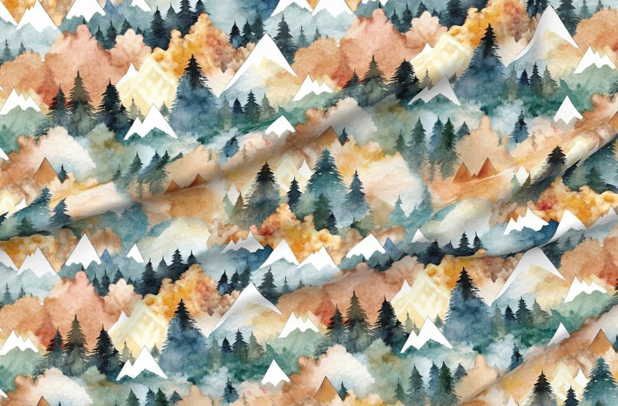 Mountains Landscape Watercolor Green And Orange