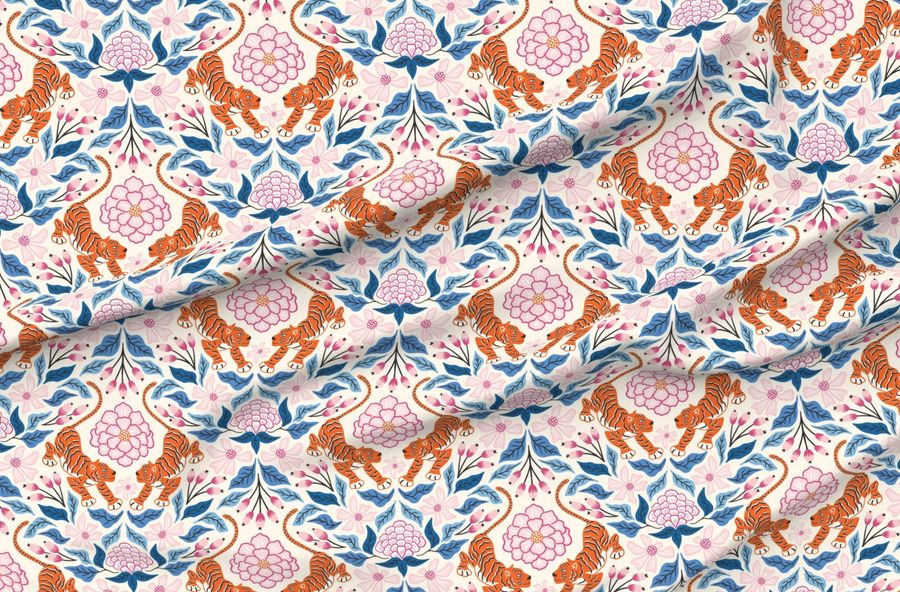 Tiger And Flowers - Bright Orange On Cream Background - Large