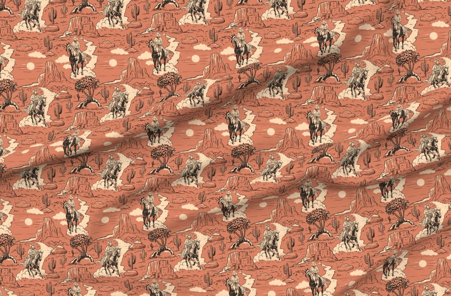 Western Toile Vintage Retro Western Cowboy Toile De Jouy Western Rust Red
