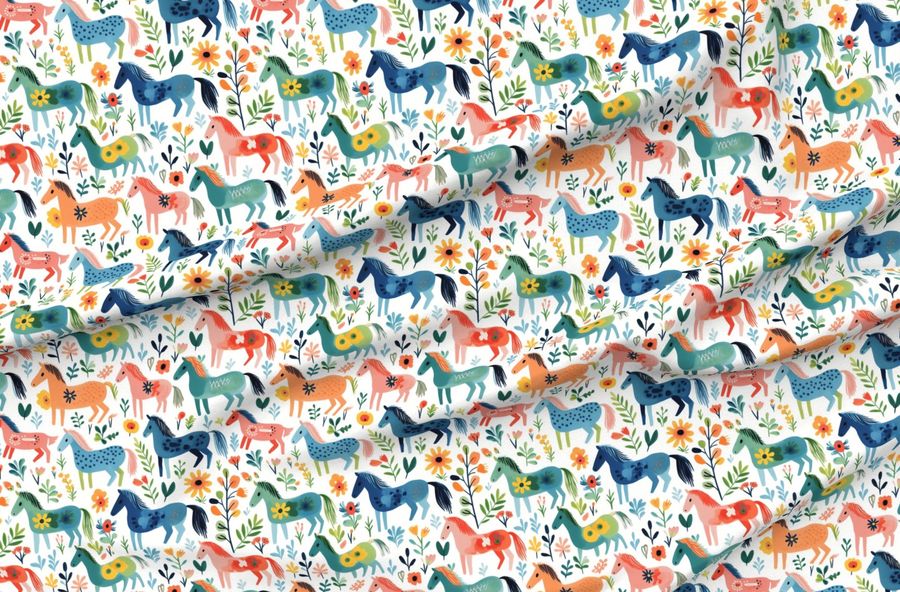 Vibrant Colorful Preschool Hand Drawn Painted Pony Horses Whimsical Rainbow