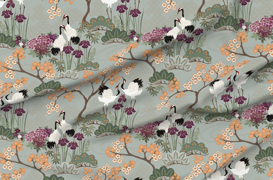 Japanese Garden Sage With Mandarin Flowers 24Inch Repeat
