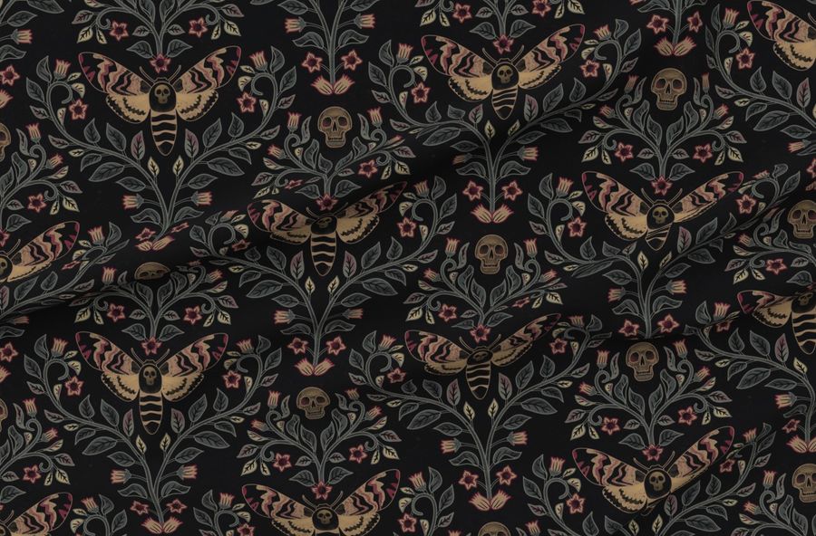 Death Head Damask Death Head Moth Belladonna And Skulls Black Large
