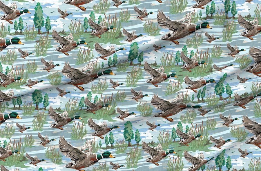 Flying Mallard Birds Migrating Ducks Lakeside Migration Scene Emerald Green
