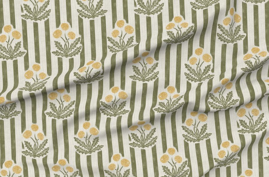 (L) Dandelion Olive Green Yellow. Vintage Dandelion Wallpaper