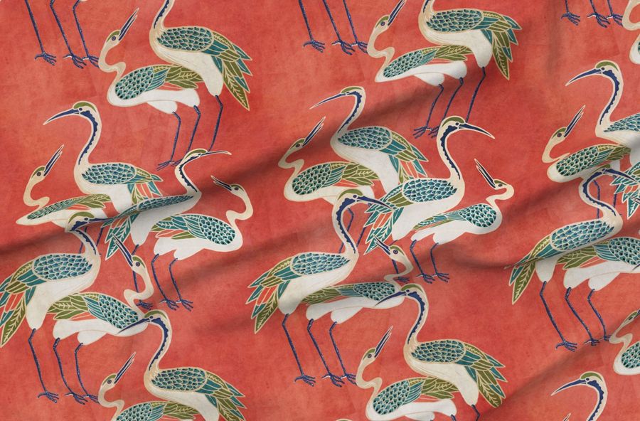 Deco Cranes Rich Coral Background With Blue Teal And Olive Accents
