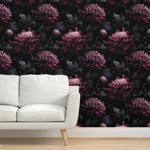 Peel and Stick Wallpaper Dark Purple Flower Dahlia Dramatic Dark Moody Vintage Opulent Floral Dark 2' x 12' Removable