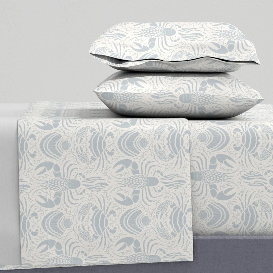 Spoonflower Coastal Decor Light Pale Blue Hand Drawn Crustacean & Sea Shells Small King Sheet Set