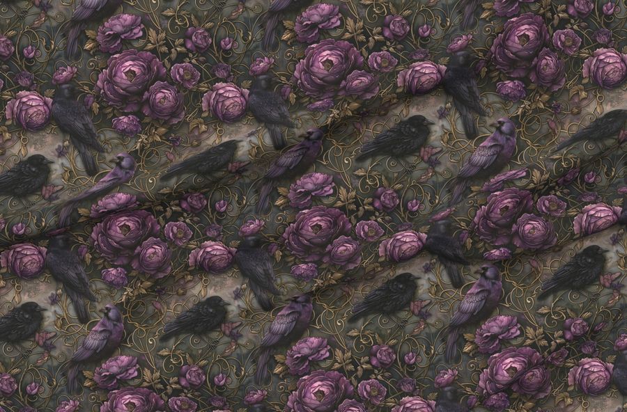 Gothic Raven Crows Birds And Romantic Moody Purple Floral Roses