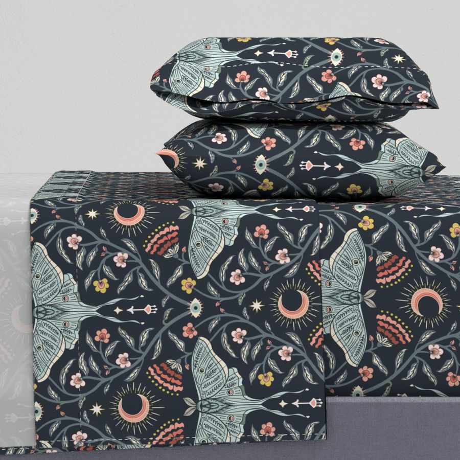 Spoonflower Spring Garden Luna Moth Damask -moon Flowers -light Teal Slate Navy -large Full Sheet Se