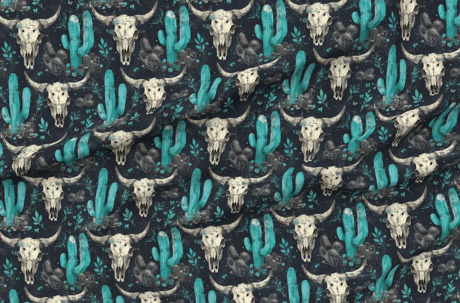 Rustic Western Cow Skull Cactus Old Weathered Aqua Blue Southwest Dramatic