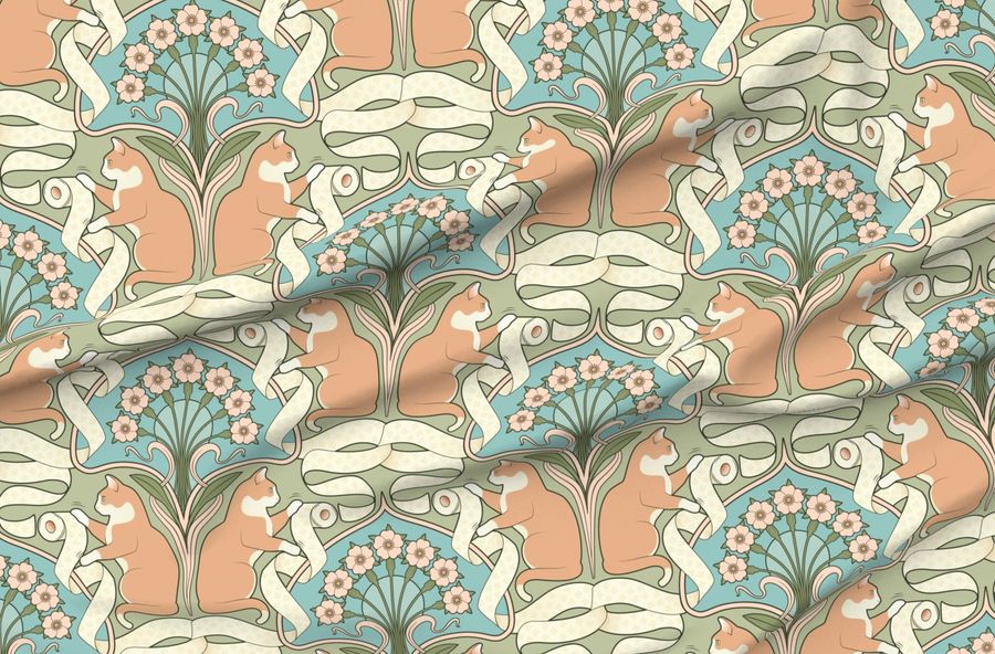 Cat And Toilet Paper Art Nouveau Bg Green 100Size