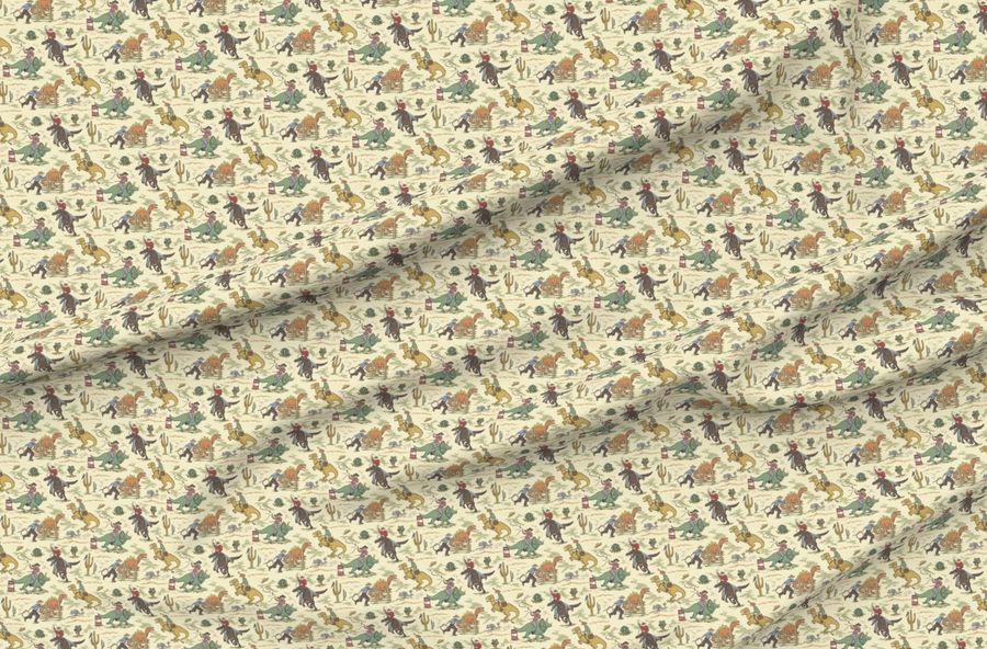Jurassic Rodeo Vintage Wild West Dinosaurs Multicolor On Cream Yellow