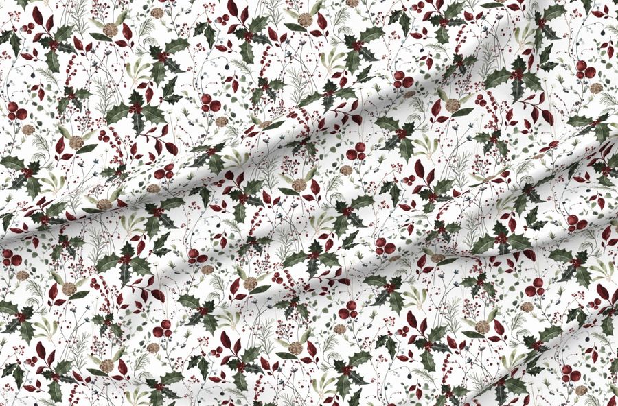 Winter Cottage Watercolor Wildflowers Branches Twigs Leaves Nature Meadow