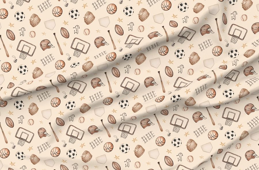 Medium Vintage Kids Sports - Ivory- Watercolor Basketball Football Baseball